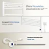 Collage of images showing a white towel warmer, its features, and accessories. Produktbild-Vorschau