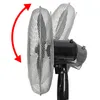 A close-up side view of a black and silver oscillating fan with a red arrow indicating movement. Produktbild-Vorschau