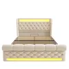A beige upholstered bed frame with a tufted headboard and footboard, featuring integrated LED lighting. Anteprima dell’immagine prodotto