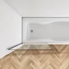 A top-down view of a bathtub with a glass shower screen and a wooden floor. Produktbild-Vorschau