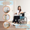 A woman sits in a wheelchair in front of a door, with inset images showing a bathroom, an elevator, and a kitchen. Produktbild-Vorschau