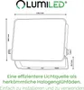 A diagram showing the dimensions of a LUMILED LED floodlight. Náhled obrázku produktu