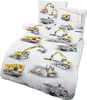 A bedding set with a construction vehicle theme, including excavators, dump trucks, and a crane, printed on a white background. Produktbild-Vorschau