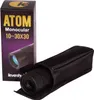 A Levenhuk Atom 10-30x30 monocular is shown next to its packaging box and a protective case. Produktbild-Vorschau