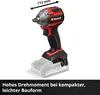 A red and black Einhell cordless impact wrench is shown with a battery pack attached, against a white background. A measurement of 113 mm is indicated with an arrow above the tool's head. Text at the bottom describes its features. Produktbild-Vorschau