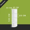 A white corner shelf unit with dimensions indicated by text overlays. Produktbild-Vorschau