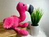 A pink plush flamingo toy is sitting on a wooden surface next to a potted plant. Produktbild-Vorschau