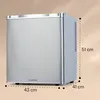 A silver mini-refrigerator is shown from a side-front angle, with dimensions indicated by dashed lines and text. Produktbild-Vorschau