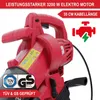 Close-up of a red electric leaf blower with text overlays and certification logos. Produktbild-Vorschau
