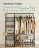 A multi-functional clothing rack with shelves and hanging space, showcasing its various features with text overlays. Produktbild-Vorschau