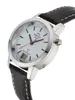 A close-up, angled shot of a wristwatch with a white face and a black leather strap. Produktbild-Vorschau