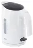 A white electric kettle with a black lid and a water level indicator. Produktbild-Vorschau