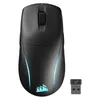 A black wireless computer mouse with blue LED lighting and a USB receiver on a white background. Produktbild-Vorschau