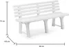 A white plastic park bench with dimensions indicated. Anteprima dell’immagine prodotto