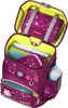 An open purple backpack with a galaxy and star pattern, showing its contents including books, a pencil case, and a water bottle. Náhled obrázku produktu