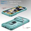 Two views of a teal phone case with a sliding camera cover and a ring holder, highlighting its protective features. Produktbild-Vorschau