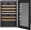 An open wine cooler with wooden shelves and a control panel. Produktbild-Vorschau