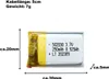 A small lithium polymer battery with dimensions and specifications printed on it, shown on a white background. Produktbild-Vorschau