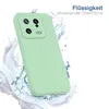 A light green phone case is shown with water splashes around it, suggesting water resistance. Text in German indicates 'Flüssigkeit abweisende Oberfläche' (liquid repellent surface). Produktbild-Vorschau