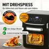 A marketing image for a hot air fryer, showing a cooked chicken and the appliance with feature callouts. Produktbild-Vorschau