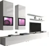 A modern white living room entertainment unit with a television, shelves, and storage cabinets. Náhled obrázku produktu