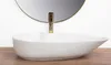 A white oval sink with a gold faucet in front of a circular mirror. Náhled obrázku produktu