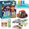 A collage of images showing a STEM chemistry experiment kit, including a volcano eruption model, test tubes, beakers, and various experiment supplies. Náhled obrázku produktu