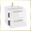 A white bathroom vanity with a sink and gold handles is shown against a white background. Náhled obrázku produktu