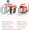 A vacuum chamber and a vacuum pump are shown side-by-side with dimensions and specifications listed below. Produktbild-Vorschau