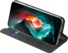 A black flip case for a smartphone is shown open, displaying the phone's screen with a colorful abstract wallpaper. Produktbild-Vorschau