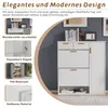 A collage of images showcasing a white shoe cabinet with gold handles, highlighting its design, craftsmanship, adjustable shelves, storage capacity, and durable material. The main image is a front view of the shoe cabinet. Anteprima dell’immagine prodotto