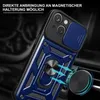 A close-up view of a blue and black iPhone case with a ring holder and camera cover, shown attached to a car vent mount. Produktbild-Vorschau