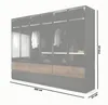 A large wardrobe with multiple doors and drawers, showing clothes hanging inside. Produktbild-Vorschau