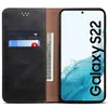 A black leather flip wallet case for a Samsung Galaxy S22 5G, shown open with cards and cash inside. Produktbild-Vorschau