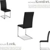 A marketing image showcasing black leather dining chairs with silver metal frames, presented in a clean, studio-like setting with descriptive text highlighting comfort and style. Náhled obrázku produktu