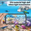 A hand holding a smartphone in a waterproof case, showing a vibrant coral reef with fish. Produktbild-Vorschau