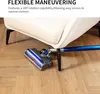 A vacuum cleaner head is shown maneuvering under a cream-colored chair on a wooden floor. Produktbild-Vorschau