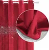 A close-up view of a red curtain with sparkling embellishments, and a magnified section showing the fabric texture. Produktbild-Vorschau