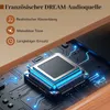 A close-up view of a computer chip with glowing blue lights, set against a brown wooden background with text describing product features. Produktbild-Vorschau