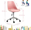 A pink office chair with dimensions indicated by text and arrows, alongside two small illustrations of children sitting on similar chairs. Produktbild-Vorschau