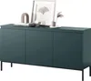 A dark green sideboard with three doors and black metal legs, decorated with books, a framed picture, and a small vase with dried flowers. Náhľad obrázku produktu