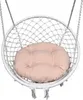 A round, white macrame hanging chair with a pink cushion inside, shown against a white background. Produktbild-Vorschau