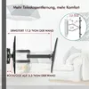 A TV wall mount is shown extended and retracted from a wall, with diagrams illustrating its range of motion and extension. Produktbild-Vorschau