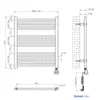 Technical drawing of a heated towel rail with dimensions and mounting instructions. Produktbild-Vorschau