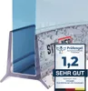 A close-up of a shower door seal with a product rating badge. Produktbild-Vorschau