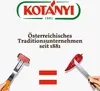 Marketing image for Kotanyi, featuring the brand logo, text about being a traditional Austrian company, a fork with steak, an Austrian flag, and a chili pepper being cut. Produktbild-Vorschau