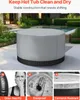 A round hot tub cover is shown in a backyard setting, with a pool and landscaping in the background. Below the main image are three smaller images highlighting product features. Podgląd zdjęcia produktu