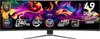 A curved gaming monitor displaying vibrant abstract art, with various feature callouts and specifications overlaid on the screen. Produktbild-Vorschau