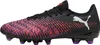 A side view of a black Puma soccer cleat with a purple and orange striped pattern. Produktbild-Vorschau