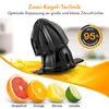A black citrus juicer attachment is shown with various citrus fruits (grapefruit, orange, lemon, lime) below it, and orange juice splashing around it. Marketing text and a percentage graphic are also present. Produktbild-Vorschau